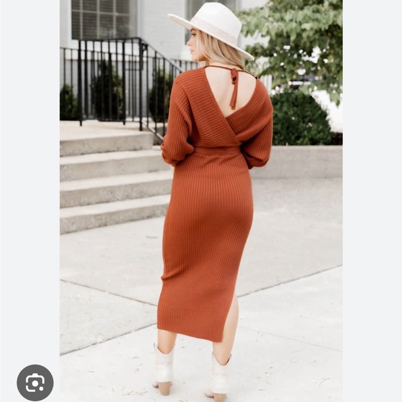 Pink Lily Burnt Orange Sweater Wrap midi Dress size medium - Picture 2 of 7